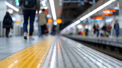 Commuters are bustling on a well-lit subway platform, with prominent yellow safety lines, blurred lights and signs, capturing the hustle and bustle of urban travel.