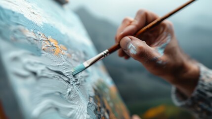 This closeup image captures an artist's hand painting a detailed landscape with a brush,...