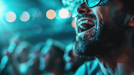 A blurred face of a person in a vibrant nightclub setting with colorful lights and bokeh effects in the background, creating a lively and dynamic atmosphere.