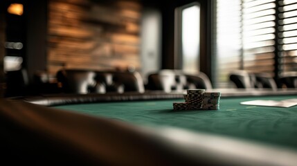 An empty green poker table with a stack of casino chips in the center, captured in dim lighting, evoking a sense of anticipation and readiness for the game.