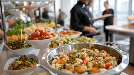 Obraz premium A well-stocked buffet station featuring an assortment of fresh salads and appetizers, presenting a delightful, self-serve experience in a modern and well-lit environment.