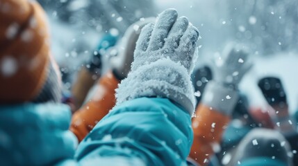 A group of people raising their hands in warm gloves as the snow falls around them, capturing the joy and fun of a winter day, with all in warm jackets.