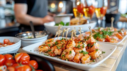 Obraz premium An appetizing platter featuring an assortment of grilled shrimp skewers and fresh vegetables, exuding a delectable and inviting ambiance perfect for a delicious meal or gathering.