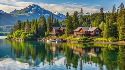 Scenic views of a beautiful Alaska fishing resort showcasing luxury wilderness accommodations surrounded by pristine nature