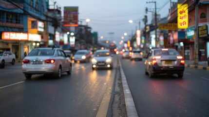 A bustling city street scene filled with moving cars and bright lights from numerous shops and signs, capturing the lively atmosphere of urban life during twilight.