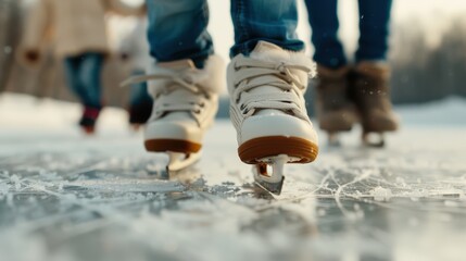 An engaging close-up perspective showing the ice skating action, focusing on the skates and the smooth surface of the rink, embodying excitement, movement, and winter fun.