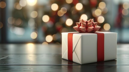 A white box with a red ribbon on top of it