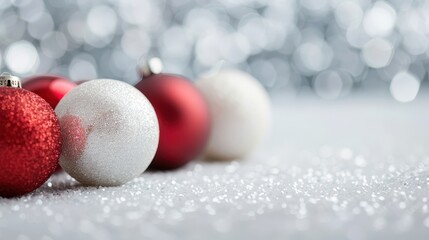 Four glittery baubles in red and white laying on snowy-white textured ground, evoking a festive holiday spirit with a sparkly and elegant touch. Background is glistening.