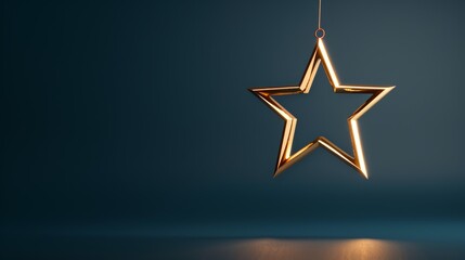Obraz premium A gold star hanging from a string in a dark blue background