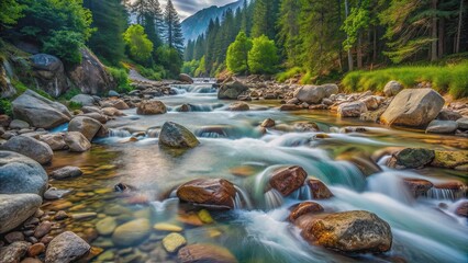 Beautiful alpine stream with fast flow and various stones , small, shallow, stream, alpine, water, rocks, stones, nature