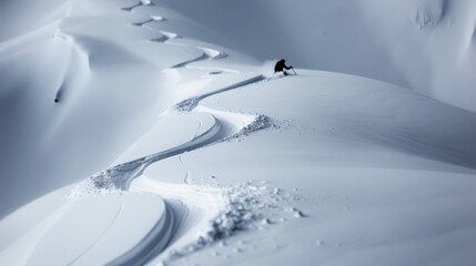A single skier is captured in the midst of skiing down deep powder snow on a steep mountain slope. The fresh tracks and untouched snow convey freedom and exhilaration in nature.
