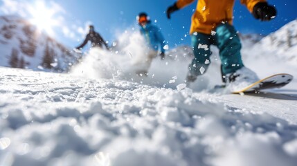 Three snowboarders glide through fresh powder on a sunny day, showcasing adventure, fun, and passion for winter sports amidst a snow-covered mountain landscape.