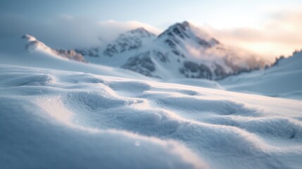Obraz premium A captivating snowy mountain landscape with soft, glowing sunlight peeking through, emphasizing the serene, untouched beauty of winter with an air of calm and wonder.