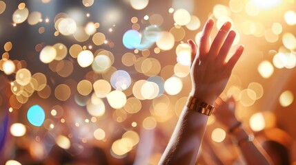 Obraz premium A hand is raised in the air at a party with a crowd of people
