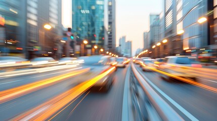 Obraz premium City traffic captured with light trails at twilight, showcasing the fast-paced urban life, dynamism, and energy that encapsulate the essence of modern metropolises.