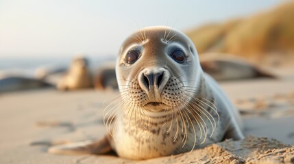 Fototapeta premium A captivating close-up of a seal lounging on a sandy beach, showcasing its expressive eyes and whiskers, with a backdrop of blurred coastline and fellow seals.