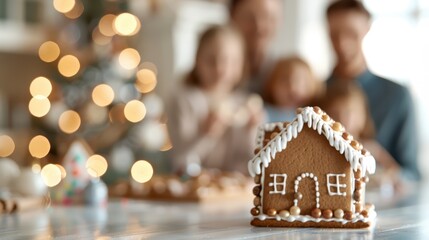 A beautifully decorated gingerbread house in the foreground with a blurred family in the background celebrating Christmas, capturing the warmth and joy of holiday traditions.