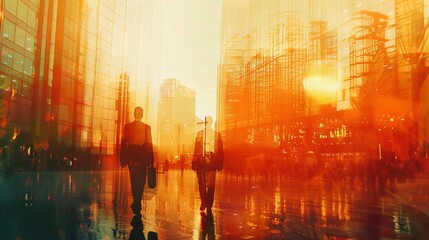 Naklejka premium Silhouette Business people walking through a city during sunset