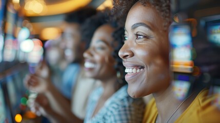 Obraz premium A lively scene of people enjoying their time playing slot machines at a casino, capturing their excitement and anticipation as they engage in the game.