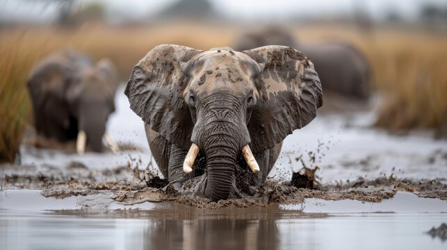 An elephant charge through a muddy river with ears flapping, tusks prominently showing, creating an exhilarating and dynamic scene in the wild with splashes of water and mud. - Powered by Adobe