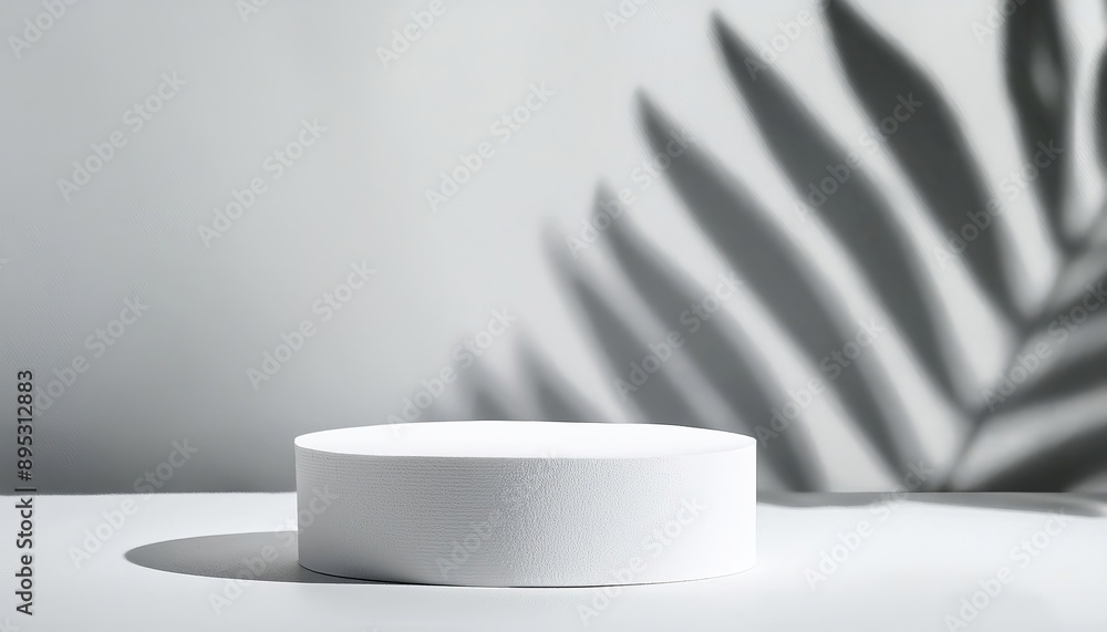 Aufkleber minimal white background with cylinder pedestal podium and palm leaf shadow for product display pres