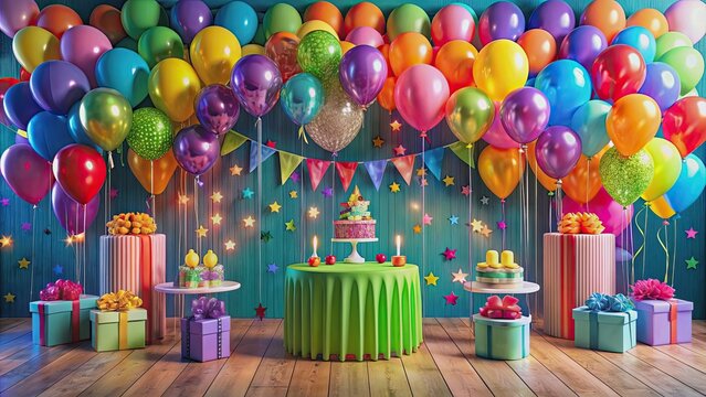 Vibrant and colorful birthday party decorations and balloons for a 21st birthday celebration, celebration, balloons
