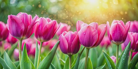 Vivid pink speckled tulips in a field of lush green foliage, pink, speckled, tulips, field, flowers, vivid, green, foliage
