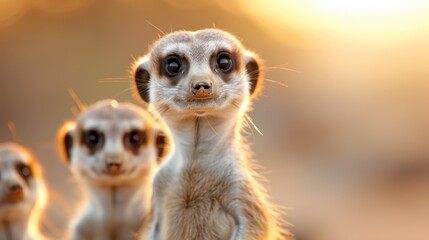 Fototapeta premium A detailed close-up of two meerkats standing alert in an expansive desert landscape with a soft, golden-hue sunset, reflecting the beauty and resilience of wildlife.