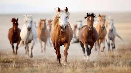 Fototapeta premium A dynamic scene of a horse herd galloping across a bright, sunny plain, showcasing their powerful movement and energy. The image evokes freedom, excitement, and wild beauty.