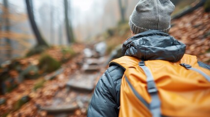 A solitary hiker with a bright orange backpack and beanie walks a misty forest trail, surrounded by fallen leaves and trees, embracing the tranquility of nature's solitude.
