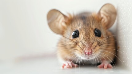 A close-up photograph of a cute brown mouse with big whiskers and ears, sitting against a smooth white surface, displaying its tiny paws and curious expression.