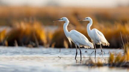 Obraz premium Two white egrets stand gracefully in the marsh at dusk, the soft light casting a warm hue on the water and reeds, capturing a serene moment in the natural habitat.