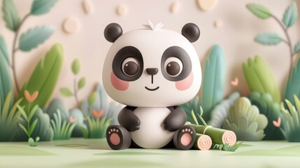 Fototapeta premium A cute and charming cartoon panda sits holding bamboo shoots, set amidst a beautifully stylized background of greenery, evoking a sense of playfulness and joy.