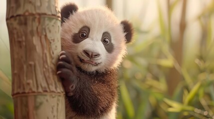 Fototapeta premium A young panda clings tightly to a bamboo stalk in a serene bamboo forest setting; it embodies the essence of youthful curiosity and the natural world's tranquility.