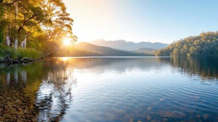 Fototapeta premium An amazingly scenic sunrise over a calm lake with mountains in the background, captured in a mesmerizing photograph that brings a sense of tranquility and natural beauty.
