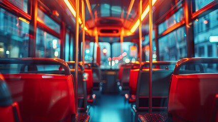 Empty seats inside a modern public bus at night