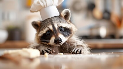 A cute raccoon, wearing a chef's hat, is in a kitchen surrounded by flour and dough pieces. The playful scene captures creativity and the joy of cooking in a whimsical way.