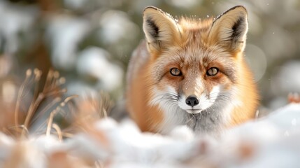 In a serene winter scene, a beautiful fox is partially hidden by the soft and fuzzy snow. This moment captures the mystery and beauty of nature in the cold season.
