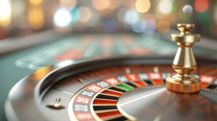 A close-up shot focuses on the intricately designed roulette wheel in a casino, highlighting the golden details and vibrant colors, symbolizing chance and fortune.