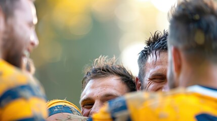 An image captures the backs of a group of rugby players in their yellow and blue uniforms, huddling together during a game, embodying teamwork and camaraderie.