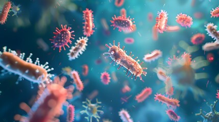 Fototapeta premium Airborne Germs Microscopic Virus and Bacteria Spreading through the Air