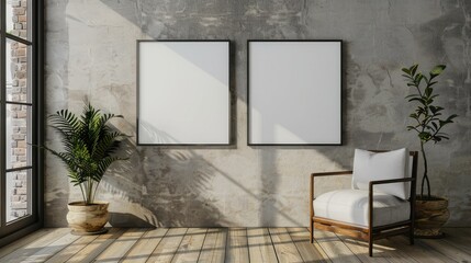 Two empty frames on a wall. Square alignment. Design templates for interior decor