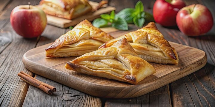 Close up of homemade Dutch appelflappen, puff pastry triangles filled with apples, on old cutting board , Dutch