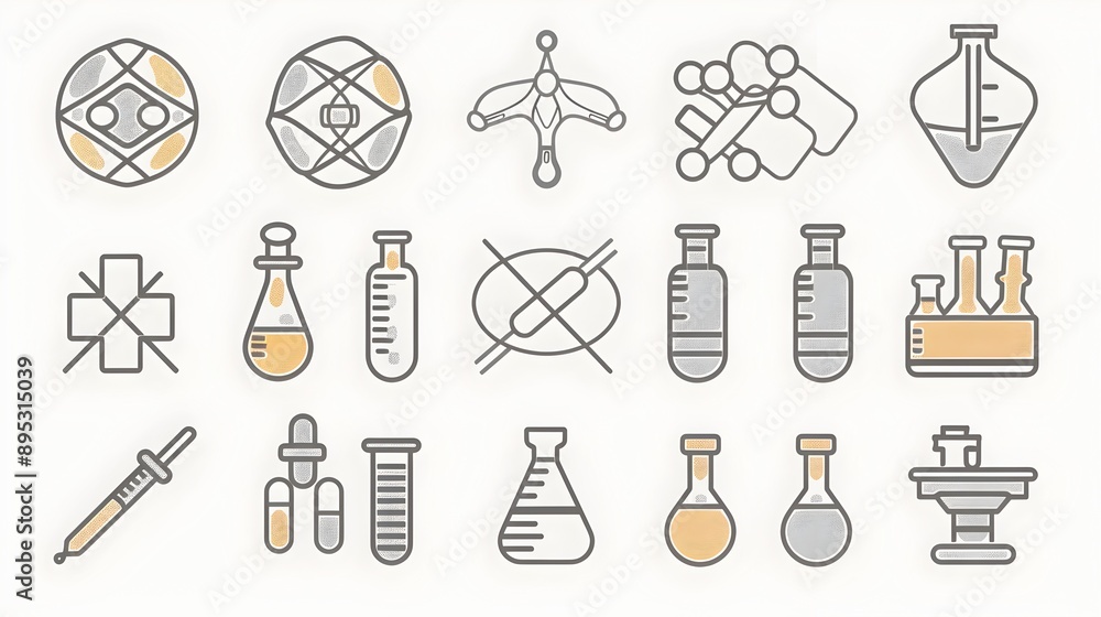 Poster biotechnology abstract mesh line icons representing genetic engineering lab equipment and biotech re