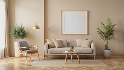 Living room wall art mockup with beige wall and light wood frame, living room, wall art, mockup