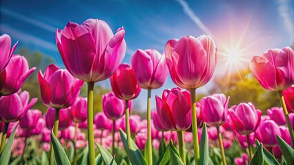 Fototapeta premium Vibrant pink tulips in full bloom on a sunny day, spring, flowers, garden, beauty, botanical, nature, floral, colorful