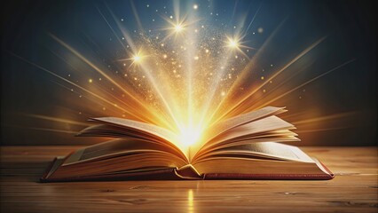 Open book with glowing light emitting from pages, mystical, magical, knowledge, enlightenment, wisdom, reading