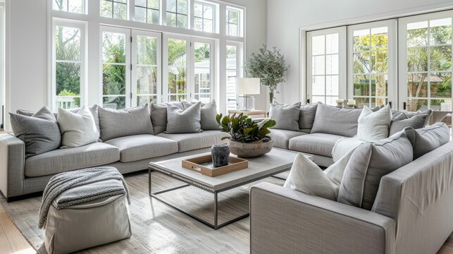 Bright living room with cozy grey sofas, coffee table, and large window