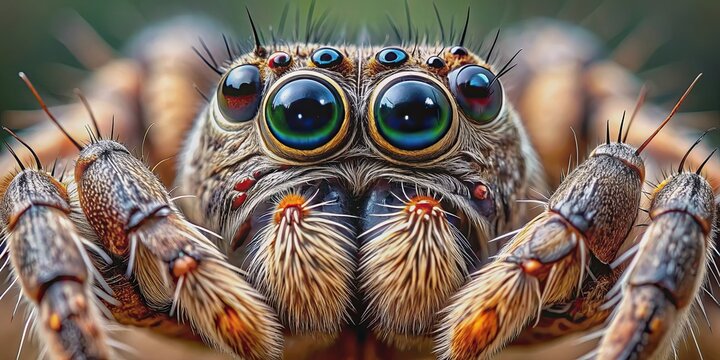Close-up of a spider's head showing its multiple eyes and intricate features, spider, head, eyes, hunter, close-up