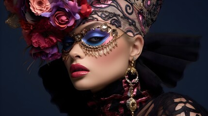 Captivating Close up of a Glamorous Model in Fantastical Makeup and Accessories